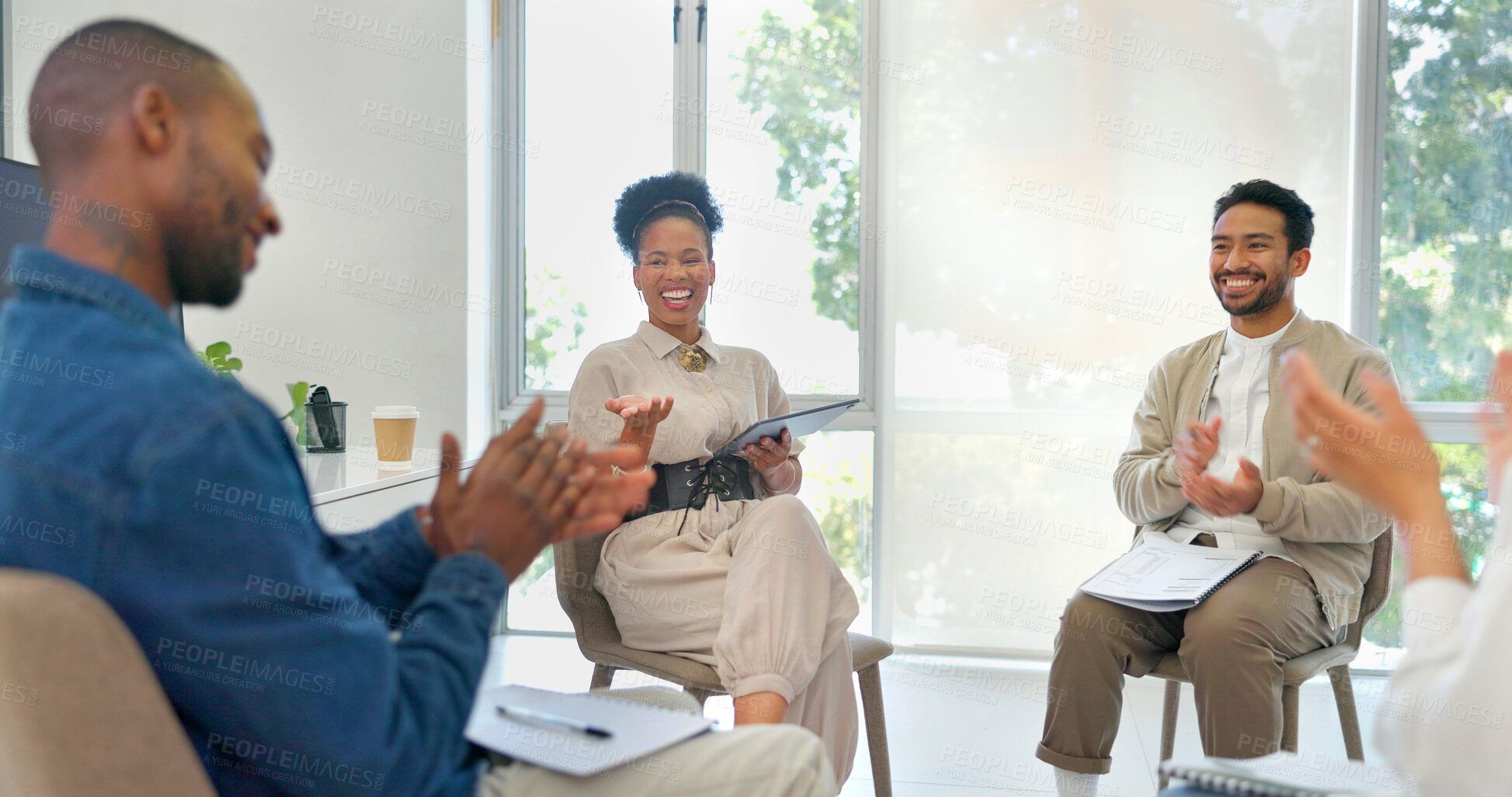 Buy stock photo Business people, talking or applause for success in meeting or workshop training for growth, target or goal. Smile, teamwork or clapping for happy winner or black woman in celebration for achievement