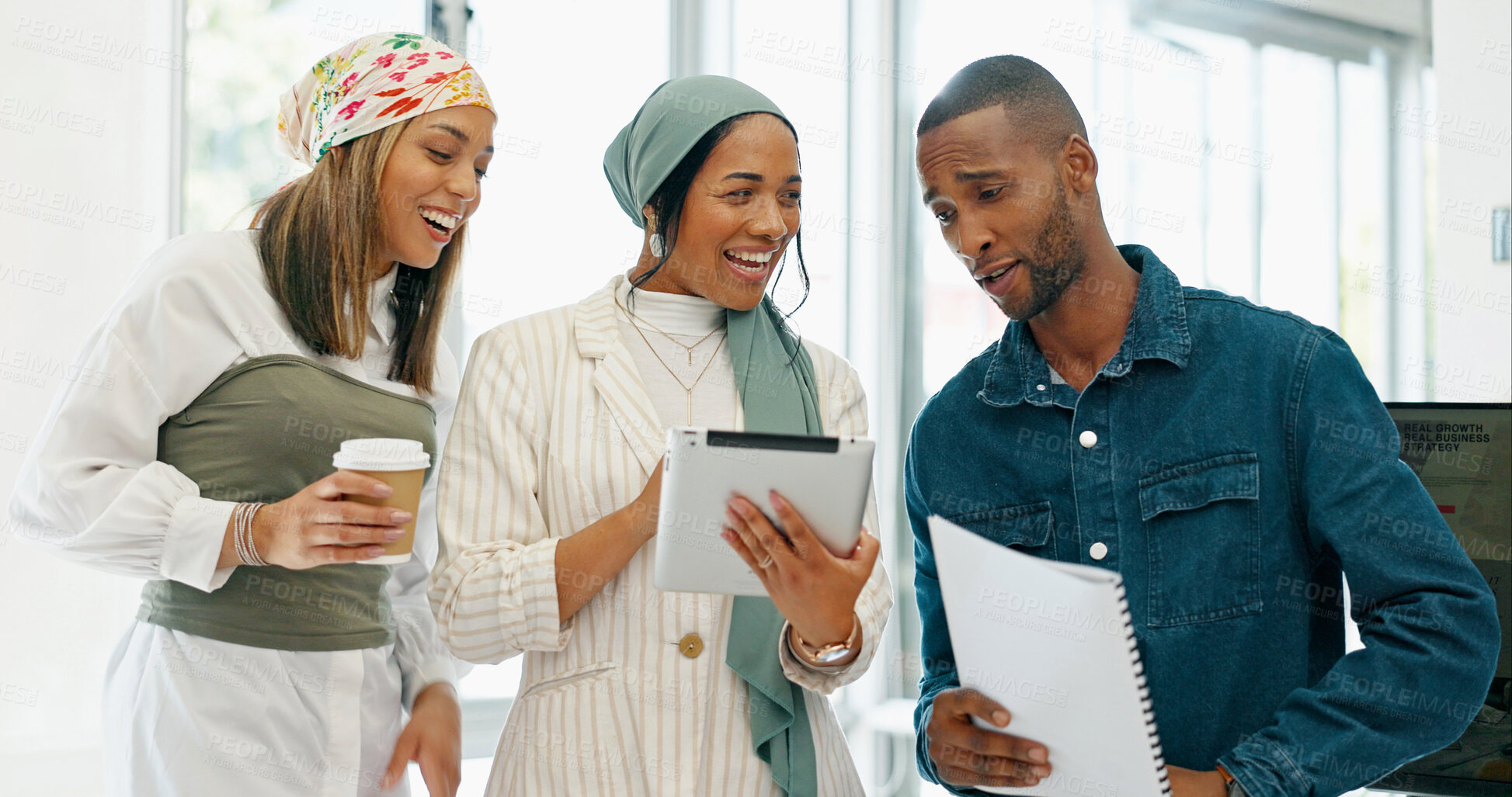 Buy stock photo Tablet, documents and coffee with laughing business people together in an office as work friends. Technology, strategy and funny game plan with a man and woman employee group in the workplace