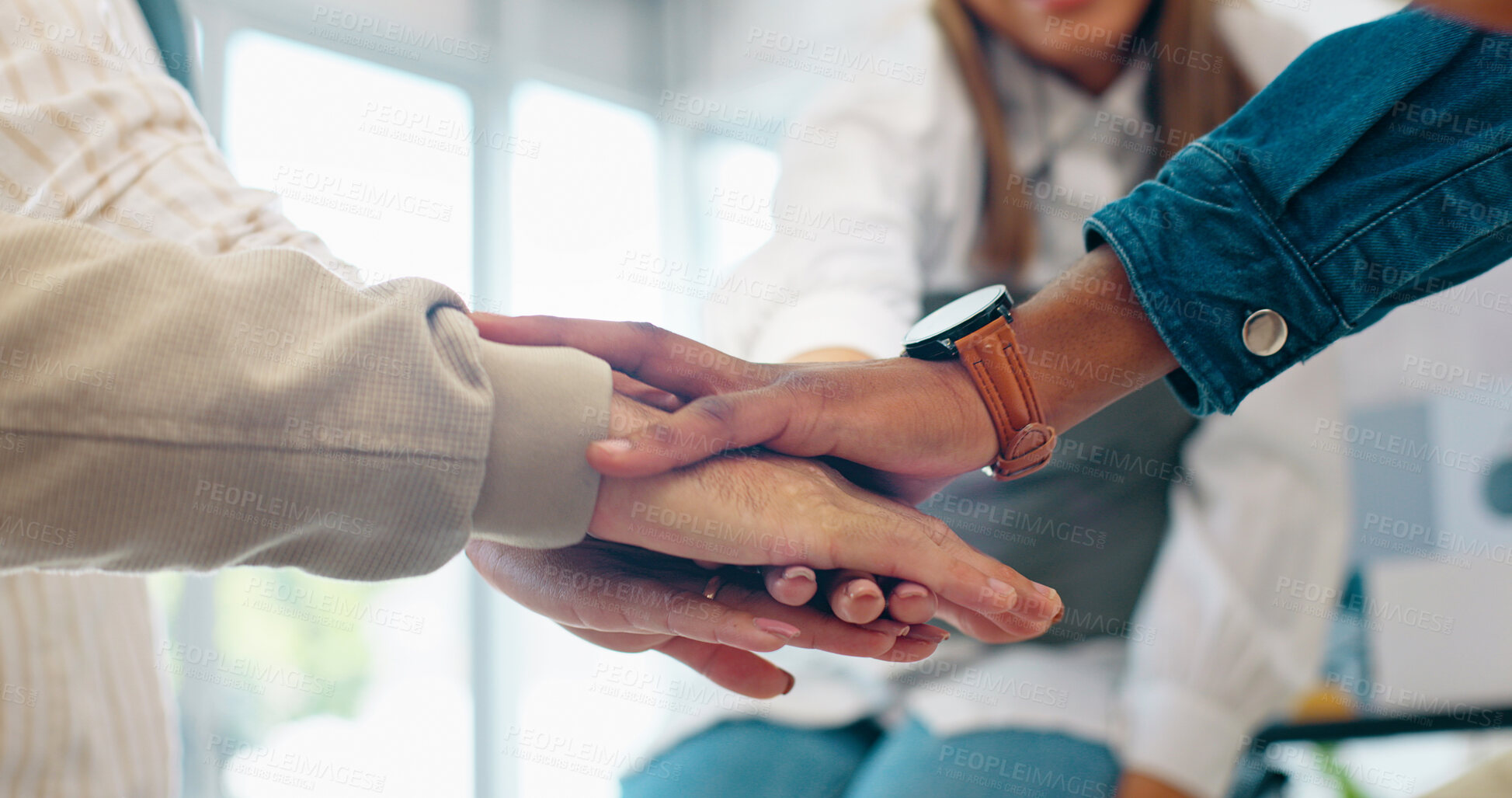 Buy stock photo Creative people, hands together and meeting in team building, support or trust for goals, target or motivation at office. Group of employees piling in teamwork, solidarity or startup at workplace