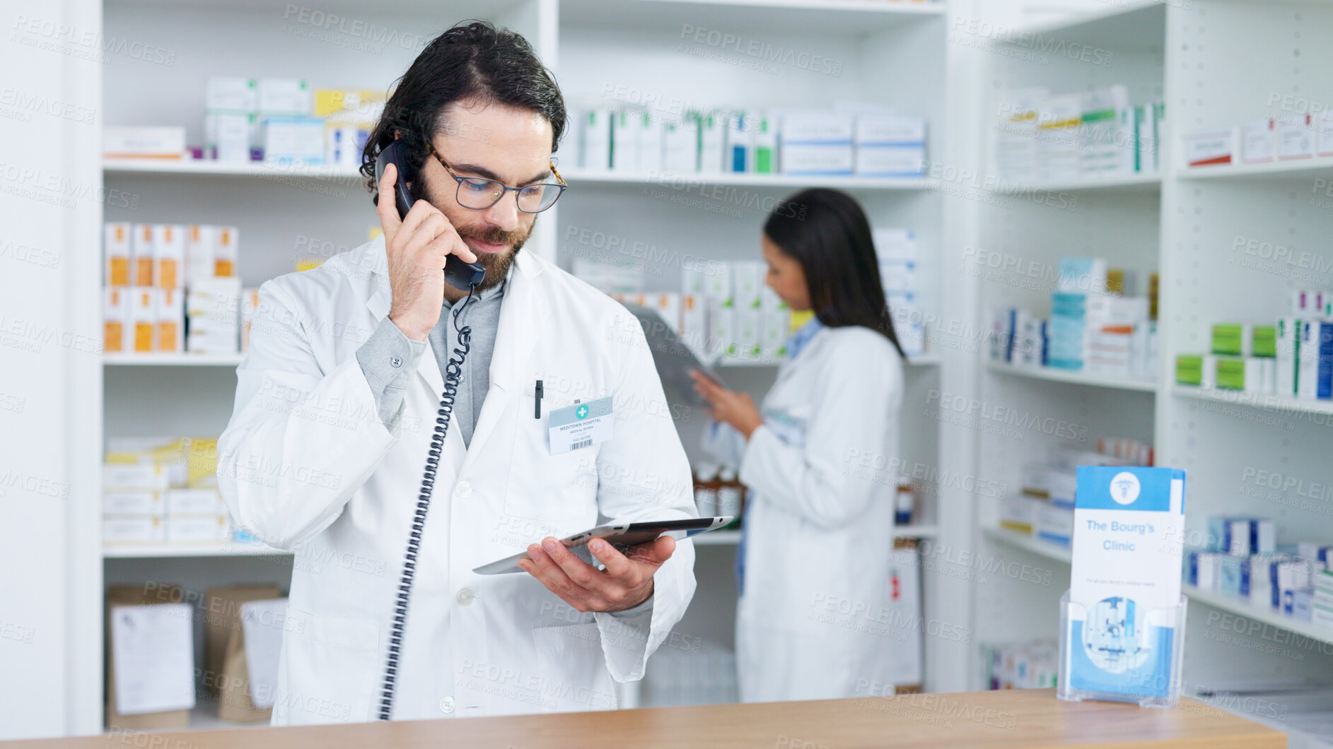 Buy stock photo Pharmacy, phone call and man on telephone and tablet for online prescription, medicine and pills advice. Healthcare, clinic and pharmacist on digital tech for communication, telehealth and medication