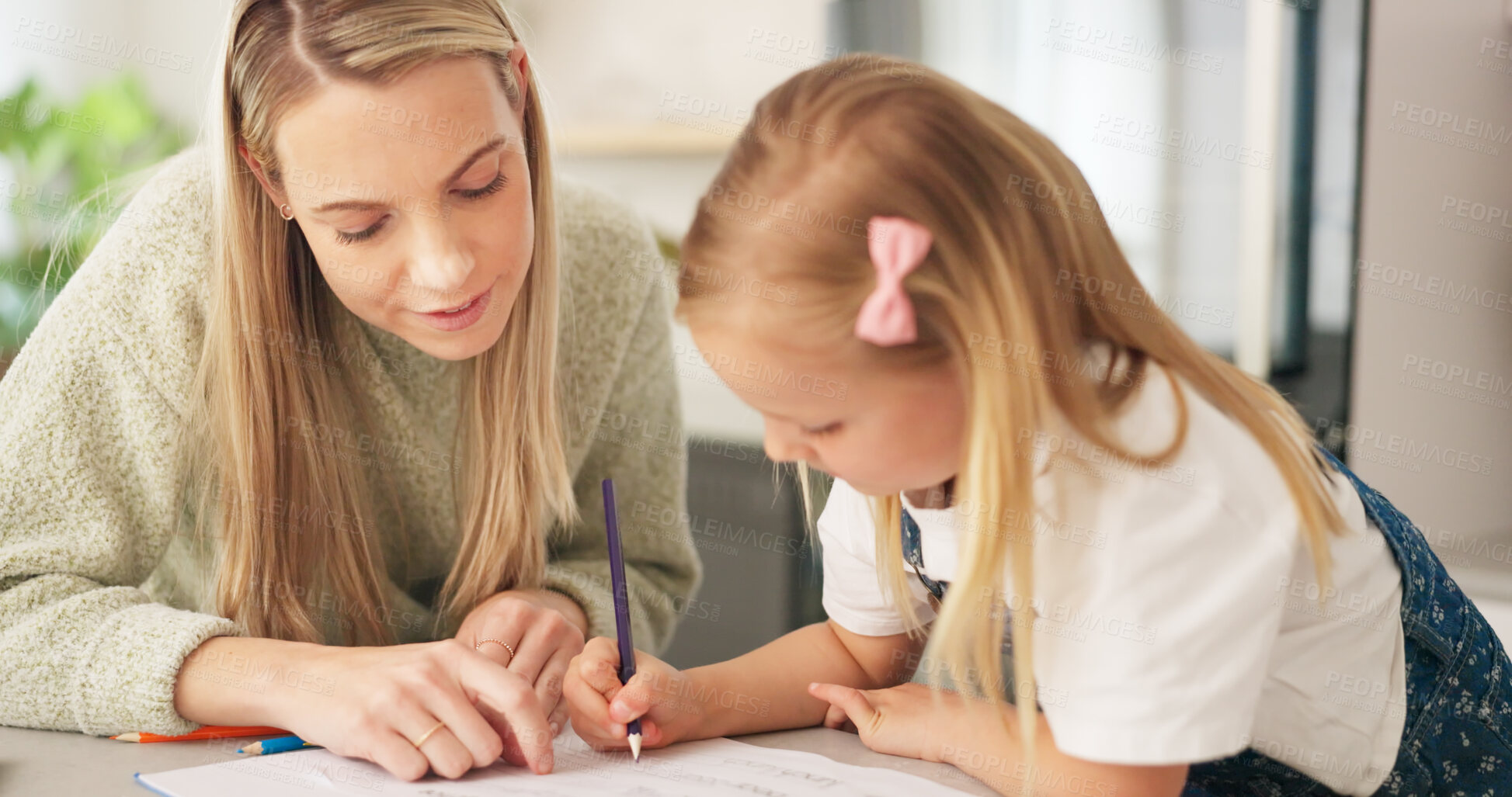 Buy stock photo Home, mother and learning with child, writing and conversation with help, drawing and kindergarten school. Girl, woman and kid with notebook, support and homework with project, teaching and creative