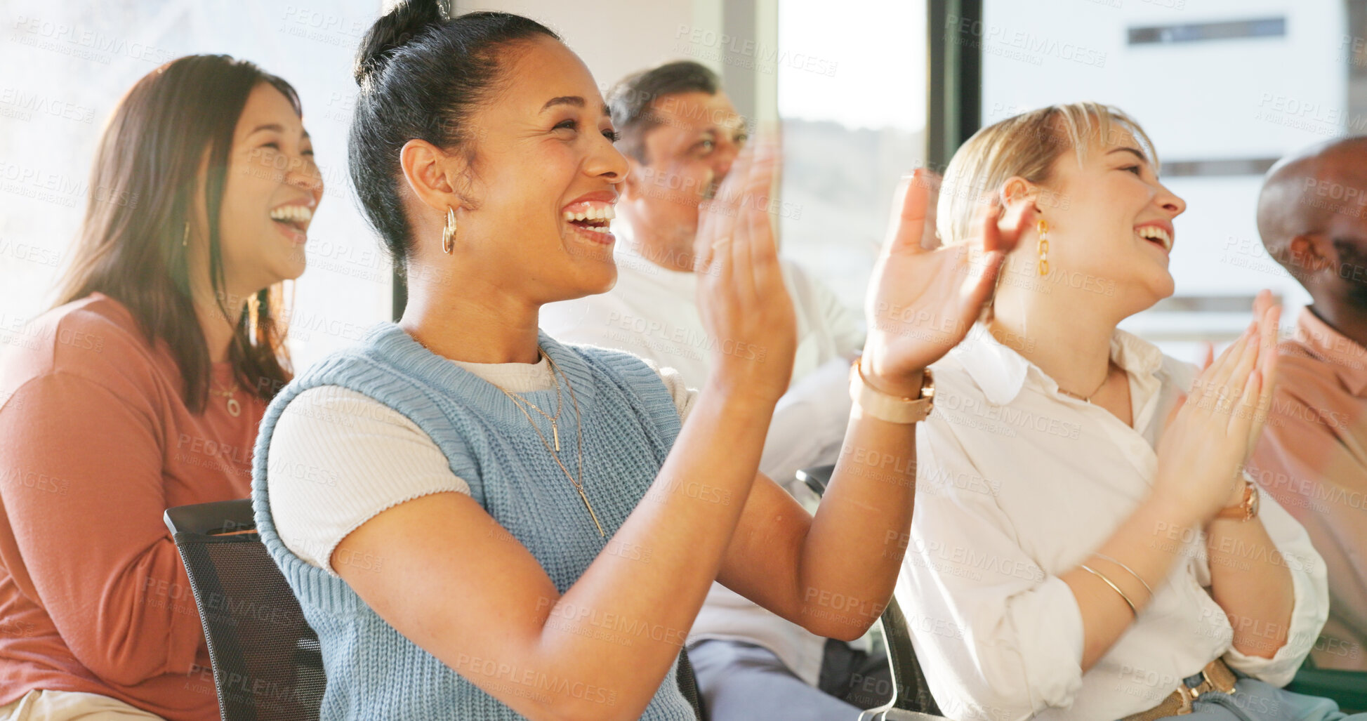 Buy stock photo Business people, audience and happy applause for meeting success, excited and funny or praise in workshop or conference. Team, group or employees listening, laughing and clapping for news and support