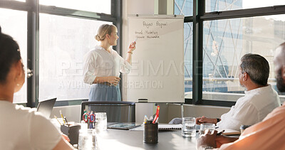 Business leader, presentation and whiteboard for office meeting with team of employees for planning, briefing and talking strategy for growth. Woman speaker with men and women for agenda training
