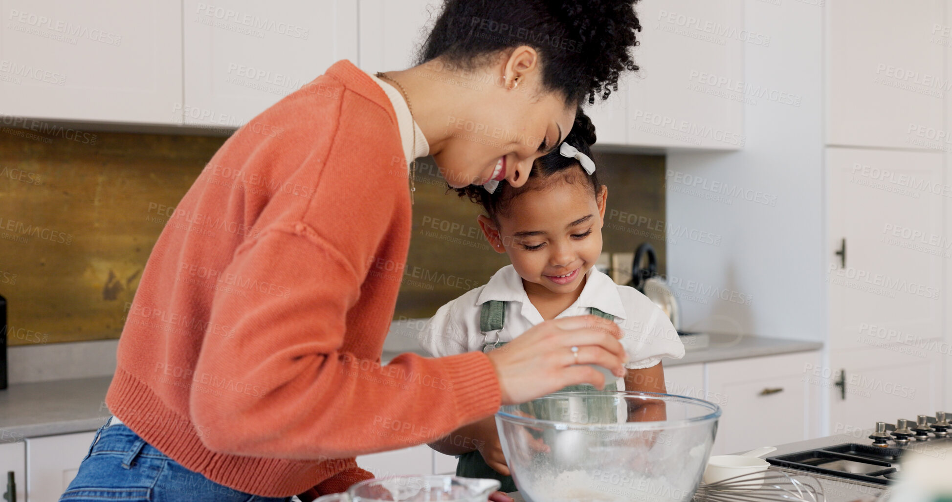 Buy stock photo Baking, kitchen and mother with child help, learning and bonding for recipe, food and dessert. Happy family, African parent or mom teaching girl to bake with ingredients, cake and development in home