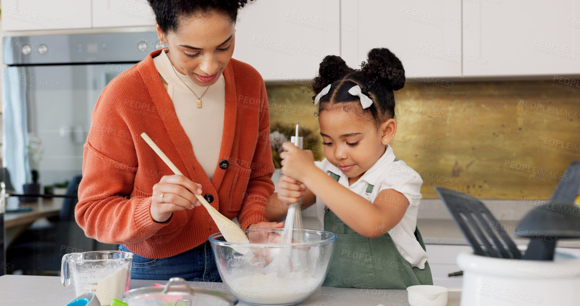 Buy stock photo Baking, kitchen and mother with child with bowl learning, helping and bonding for dessert recipe. Happy family, African and mom teaching girl to bake with flour, mix ingredients and cake in home