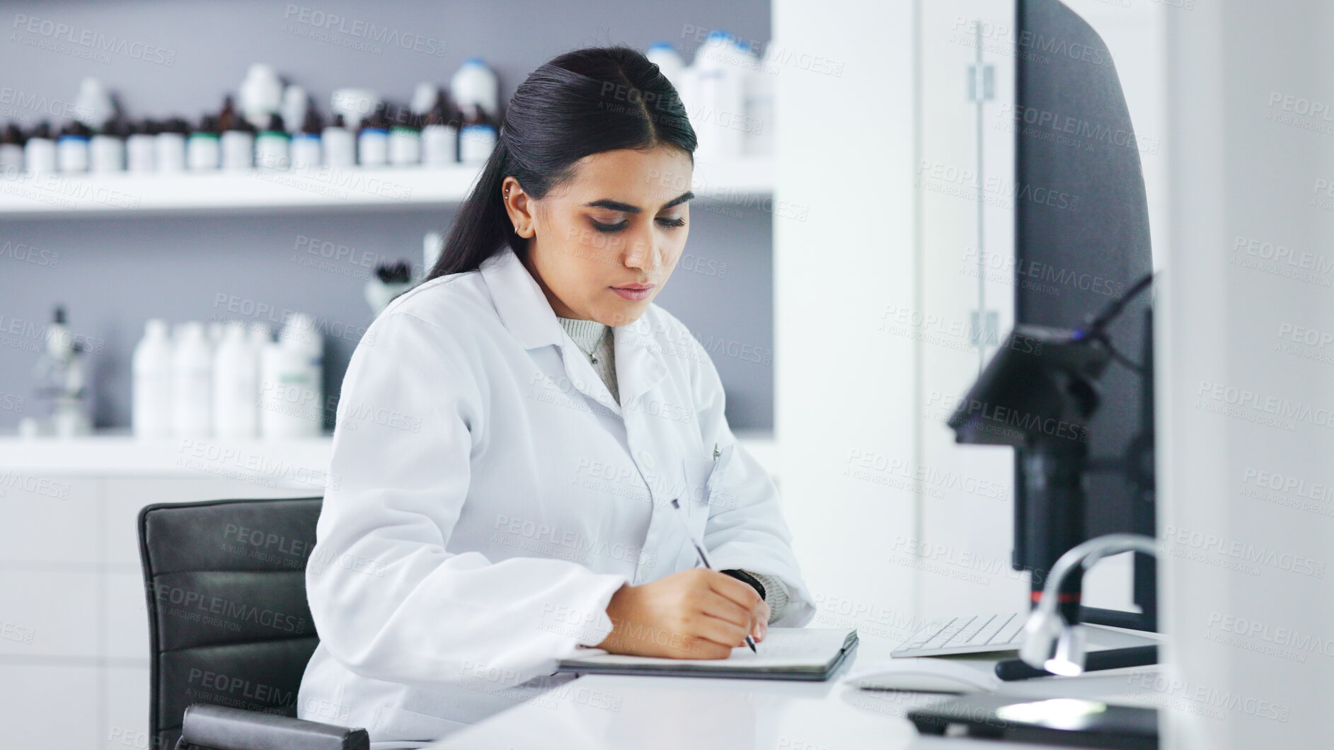 Buy stock photo Science, laboratory and woman writing at computer for medical innovation, website or study. Scientist, biology or biotechnology person with pc for research, test results and development in medicine