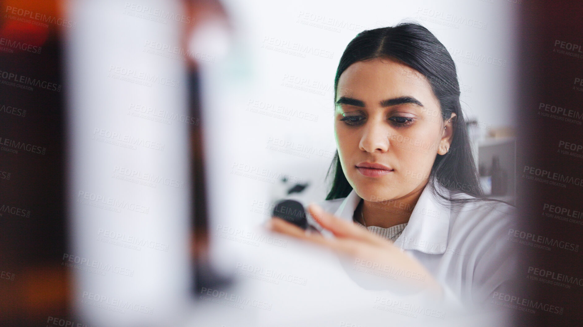 Buy stock photo Science, medicine and a woman in a laboratory for research or innovation on a product as a doctor. Medical, healthcare and future with a young scientist in a lab for an experiment or development