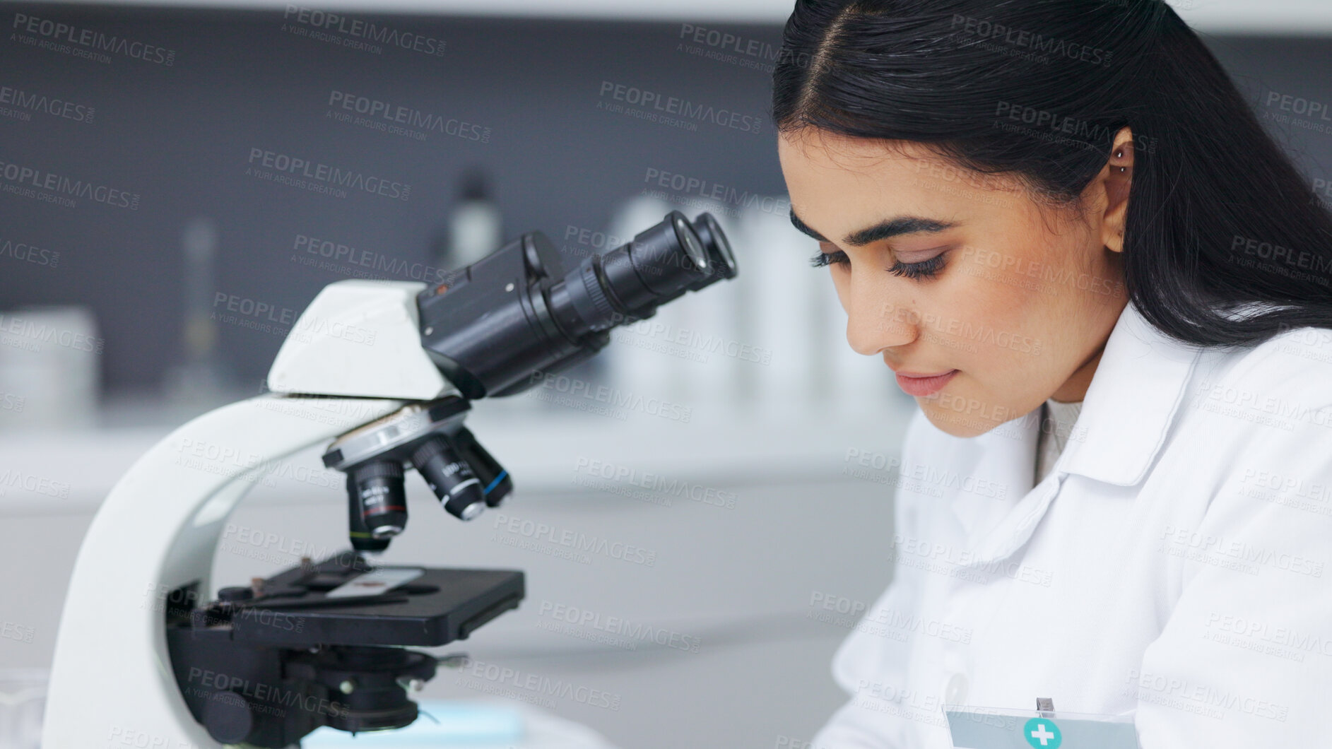 Buy stock photo Science, research and woman in laboratory at microscope thinking, medical innovation and biotech growth. Medicine, development and bacteria, scientist or lab technician with study on test results.