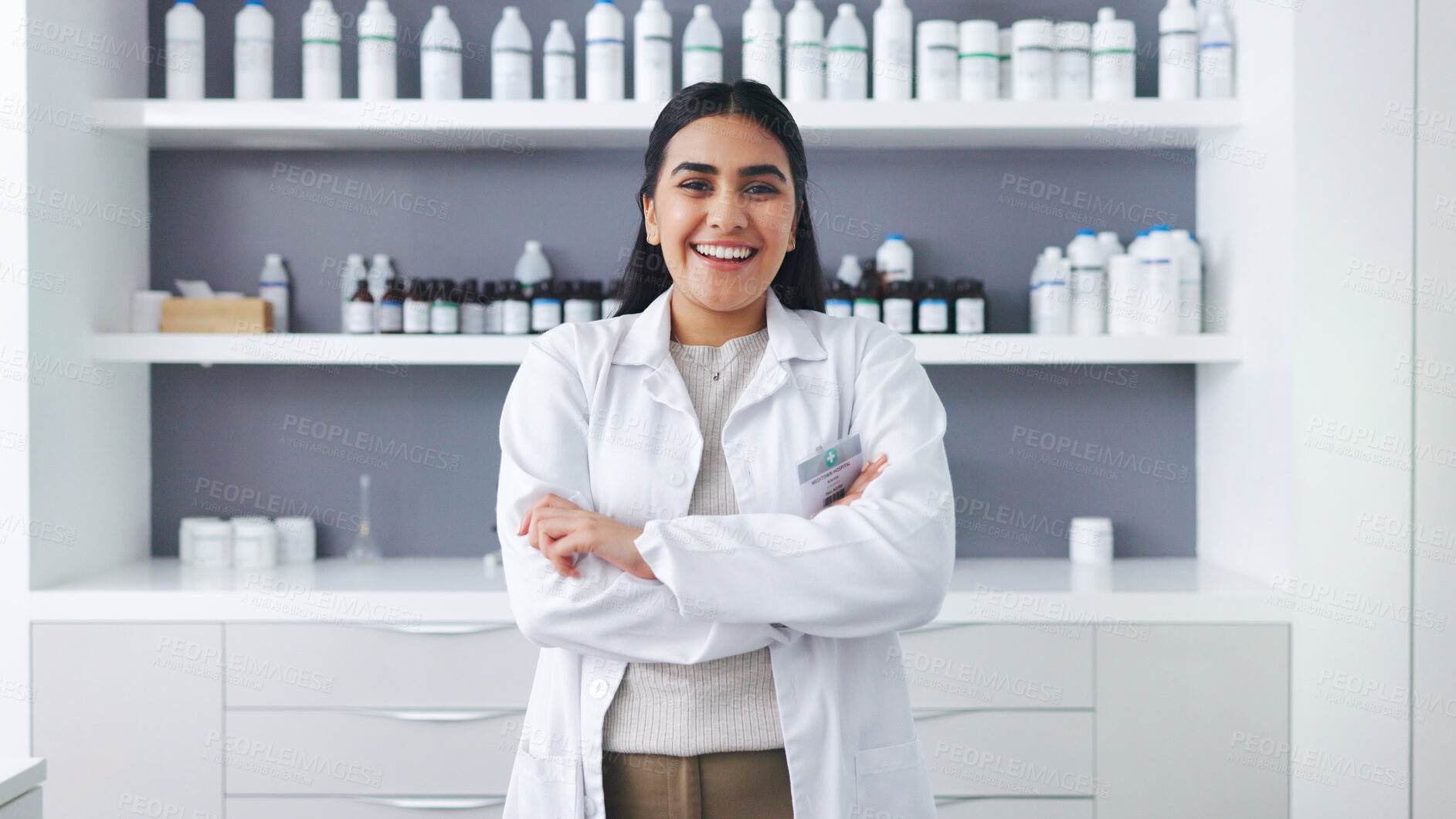 Buy stock photo Medical science, laboratory and portrait of a woman with a smile for innovation and future. Young scientist, biology or biotechnology person with arms crossed for research and development in medicine