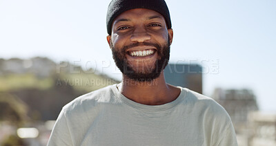 Buy stock photo Portrait, fashion and black man in a city, smile and casual outfit with hipster, trendy and freedom. Face, African person and guy with happiness, edgy and gen z with with joy, urban town and happy