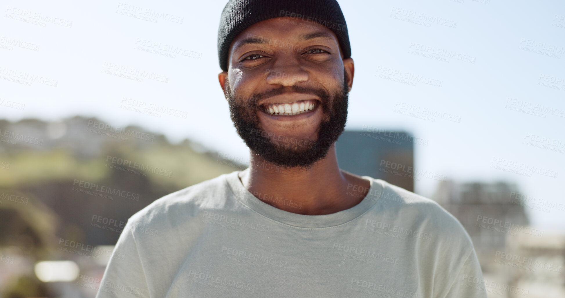 Buy stock photo Portrait, fashion and black man in a city, smile and casual outfit with hipster, trendy and freedom. Face, African person and guy with happiness, edgy and gen z with with joy, urban town and happy