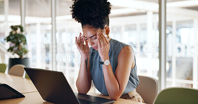 Headache, tablet and business woman with burnout, anxiety and stress about work. Black woman, tired and fatigue of a office employee with mental health problem from online report and digital audit