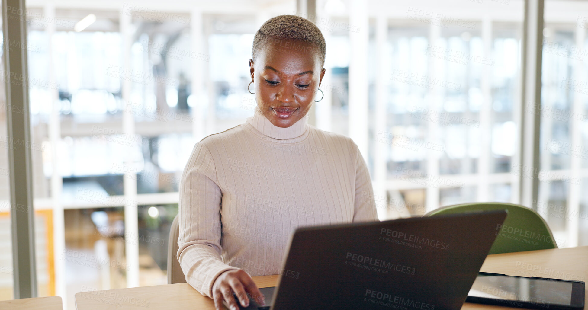 Buy stock photo Black woman, laptop and corporate lawyer, research at desk for legal project and online data analysis at office. Attorney with tech, information and plan strategy for court with review at law firm 