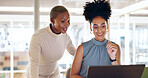 Business, black woman and employee laptop for digital marketing, connection and conversation in workplace. Coworkers, female consultants and discussion for online system, reading and explain process