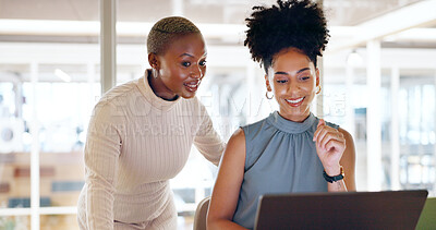 Business, black woman and employee laptop for digital marketing, connection and conversation in workplace. Coworkers, female consultants and discussion for online system, reading and explain process