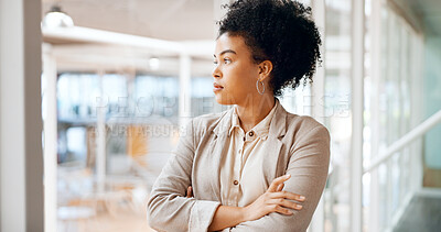 Face, thinking and black woman focussed in office workplace or company. Idea, planning and thinking, proud and pensive female employee lost in thoughts, nostalgic or contemplating good memory.