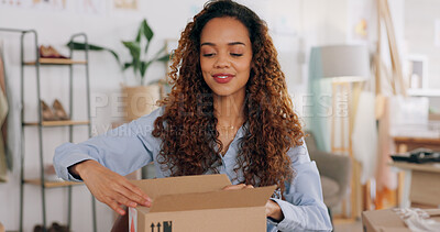 E commerce, delivery and employee packaging box, product or stock for commercial distribution, courier shipping or export. Ecommerce, retail package and black woman working in supply chain industr