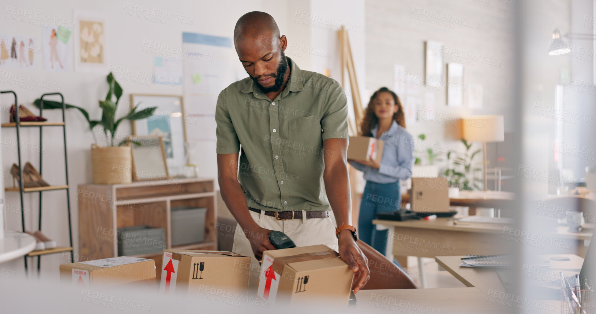 Buy stock photo Startup business, delivery box or black man with tape for package export or ecommerce shipping. Dropshipping, fashion product or African entrepreneur supply chain distribution for cargo or courier 