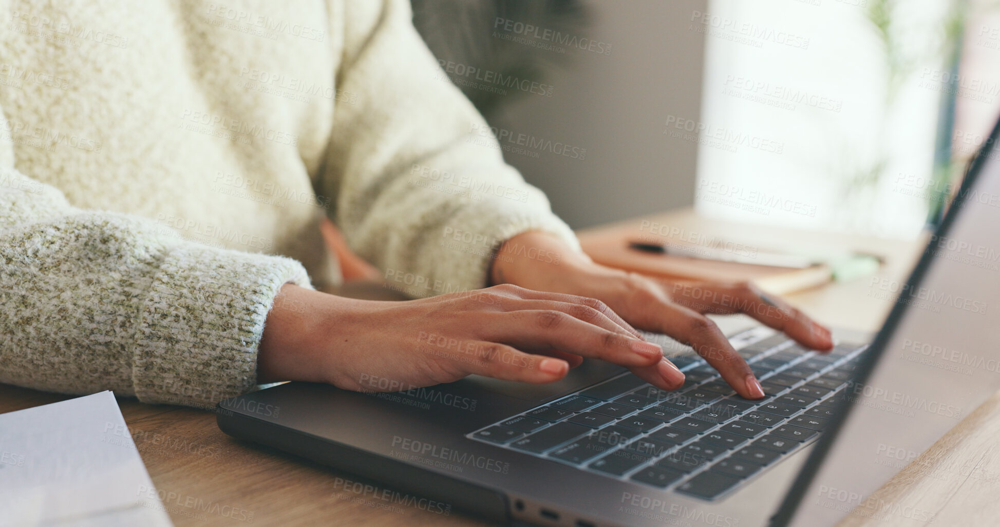 Buy stock photo Woman, laptop and hand typing information for planning, schedule and marketing review in home office. Zoom, computer and email with strategy analytics for work data, research and KPI growth