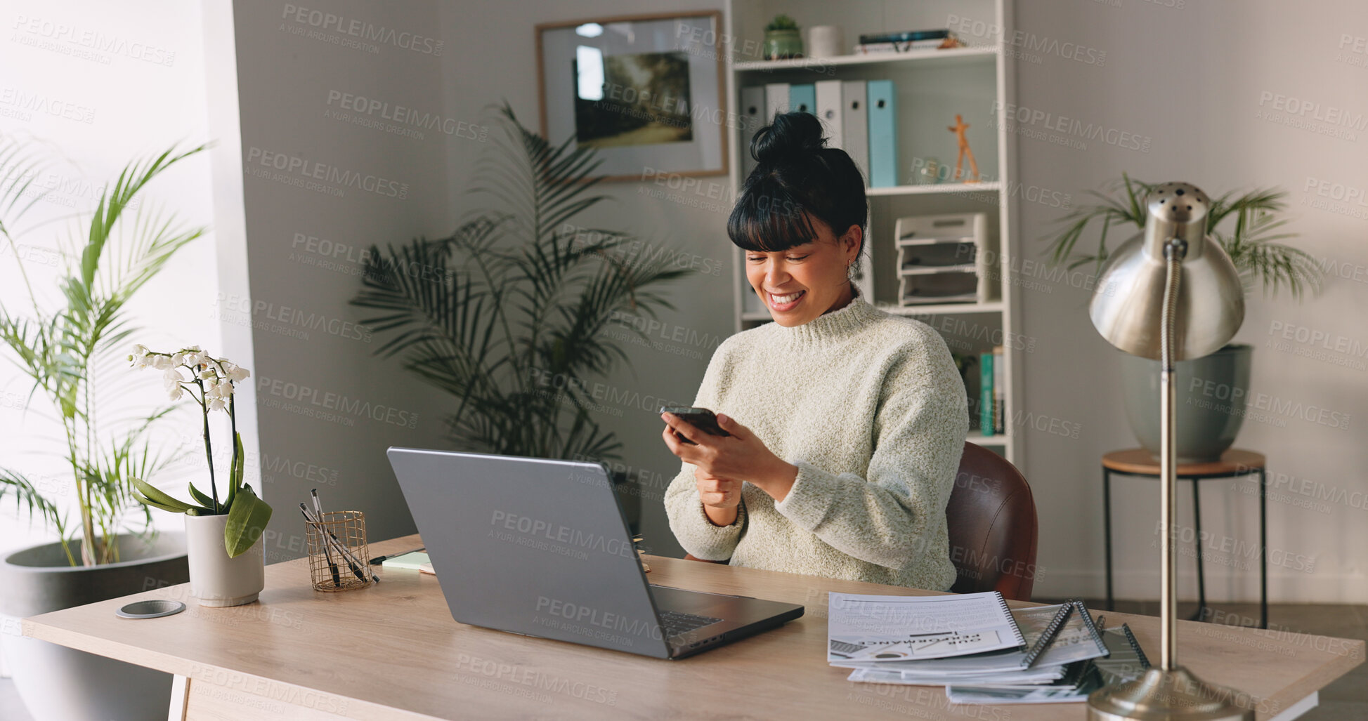 Buy stock photo Phone, portrait and happy professional woman, secretary or agent reading administration work, web info or communication. Smartphone, business receptionist and typing online search, app post or agenda