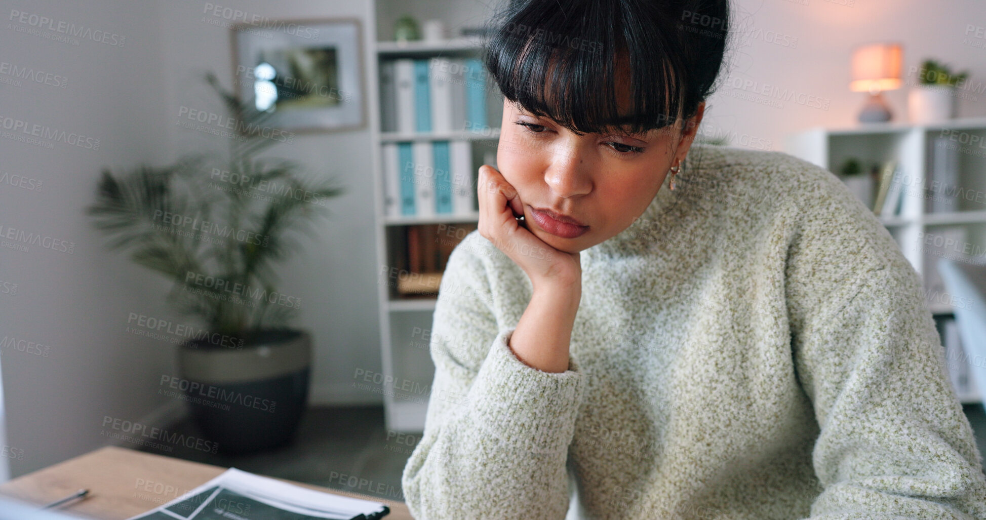 Buy stock photo Working, tired and woman with burnout, fatigue and depression with remote work on laptop in home, office or study. Exhausted, mental health and frustrated employee with late, overtime commitment