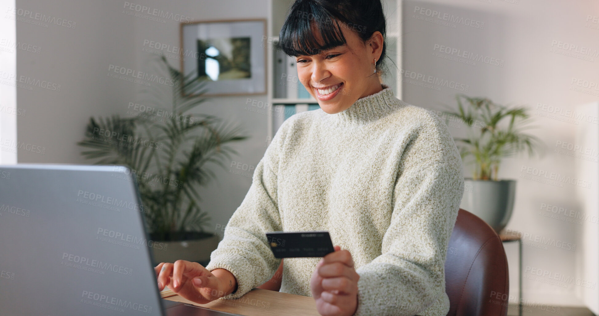 Buy stock photo Woman, student and laptop with credit card, e learning subscription and scholarship loan or online shopping at home. Happy, young person typing, banking and payment on computer for online course