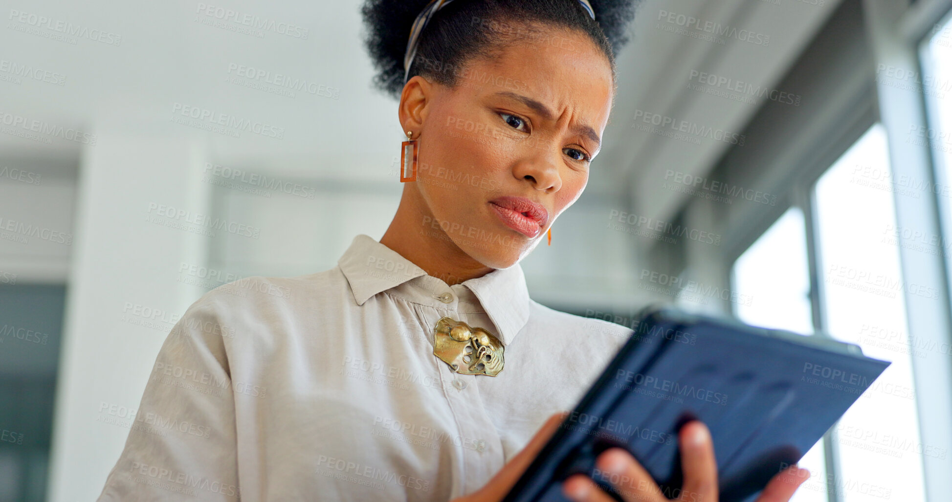 Buy stock photo Tablet, anxiety and 404 with a business black woman looking confused by an online problem in the office. Technology, stress and compliance with a young employee reading a feedback report or review