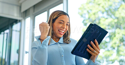 Business woman, tablet and walking in victory for good news, promotion or winning at the office. Happy female employee taking walk in celebration for win, bonus or achievement with touchscreen
