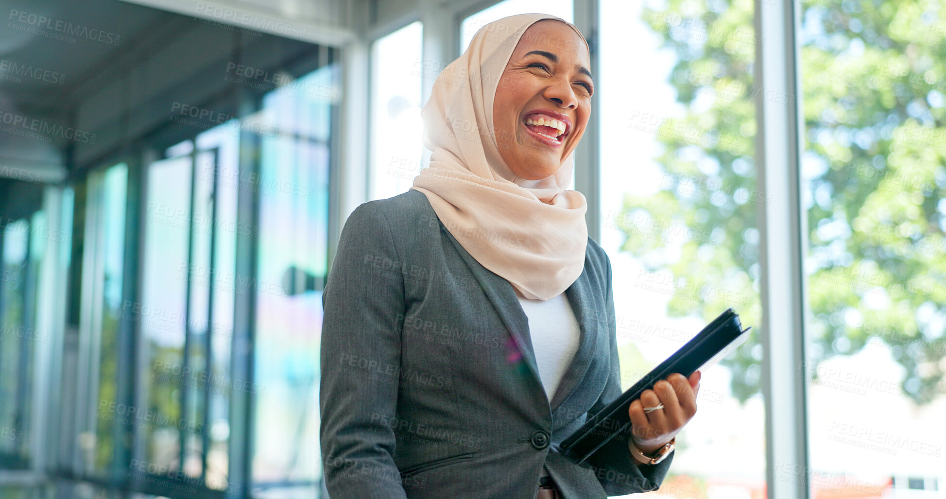 Buy stock photo Funny, Muslim woman and business with tablet, smile and office with internet, cheerful lady and employee. Islamic person, consultant and entrepreneur with technology, joy and hijab in a workplace