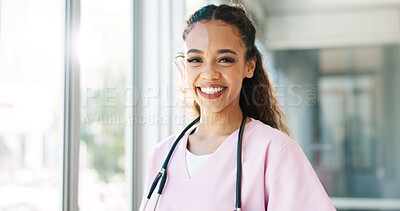 Laughing woman, face and pediatrician nurse with hospital ideas, life insurance vision or trust help. Happy, smile or portrait of medical healthcare worker with childcare wellness goals or motivation