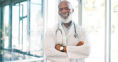 Healthcare worker, face or doctor arms crossed in hospital surgery ideas, life insurance vision or medical wellness goals. Happy smile, man and portrait of medicine employee in trust innovation help