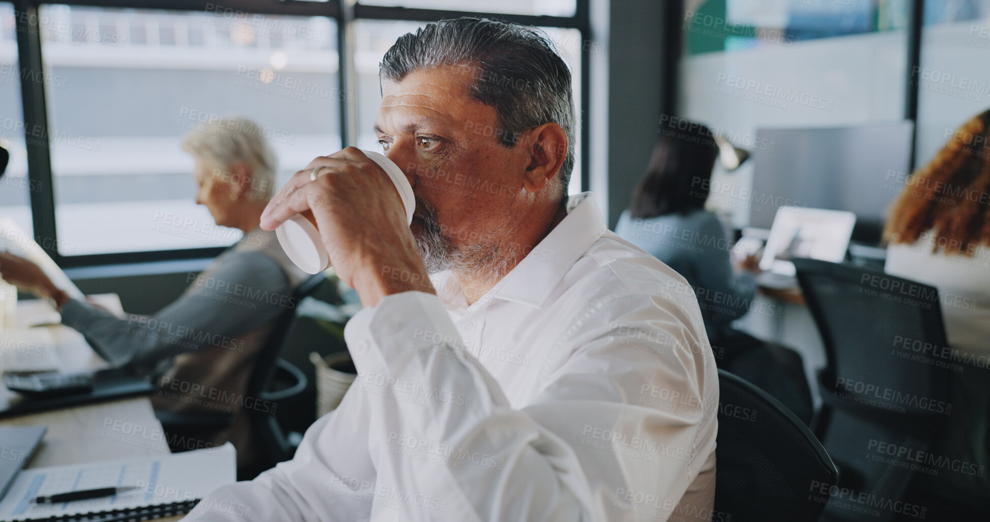 Buy stock photo Coffee, thinking and a mature business man at work in his office for professional vision or growth. Face, hand and drink with an experienced employee taking a break while working on a report