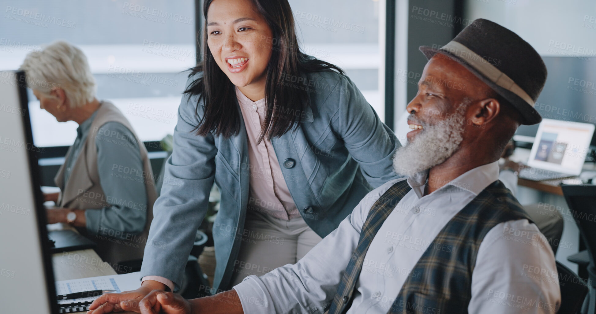 Buy stock photo Business people, manager and employee with computer, coaching and cooperation with teamwork, support and advice. Black man, Asian woman and staff with technology, help and talking with communication