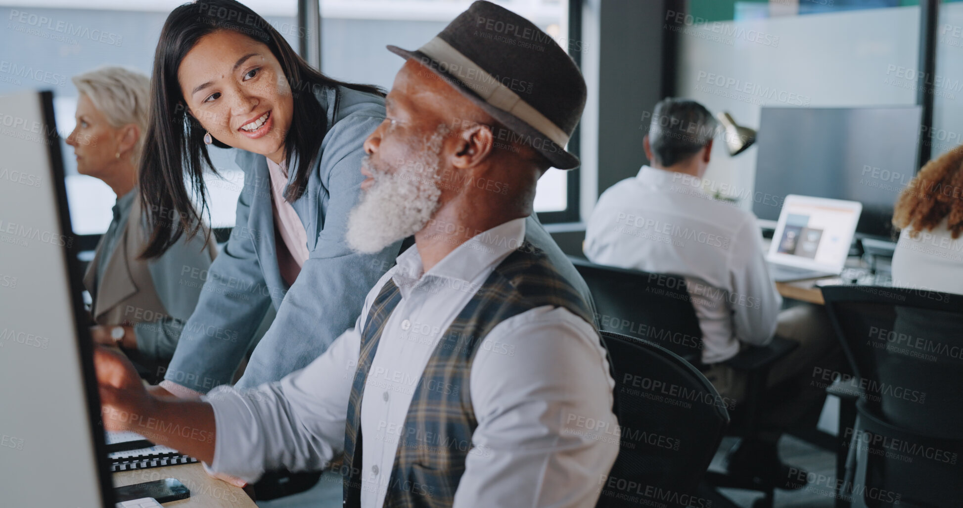 Buy stock photo Smile, coaching or a human resources asian woman with a black man employee in the office for introduction. Computer, collaboration and a young manager training a colleague about us and our vision