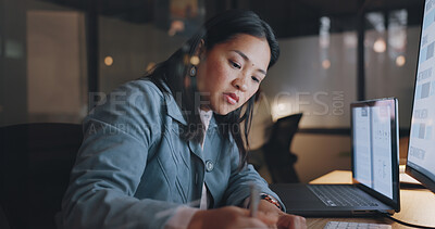 Woman, writing and office in night, planning and focus at desk for strategy, target and kpi in marketing. Asian corporate executive, notebook and computer for vision, mission and schedule in Tokyo