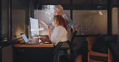 Office, overtime and woman with manager at computer, coaching for worker on online project for digital marketing company. Teamwork, advice and support from management for girl working late at night.