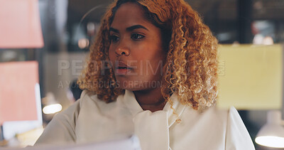 Corporate black woman, board and sticky note in planning, vision or marketing strategy at night. Woman, documents or glass for brainstorming, target or ideas for digital marketing, advertising or seo