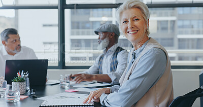 Buy stock photo Portrait of happy woman, mature or business people in meeting with documents planning strategy. Collaboration, leadership or senior manager listening, talking or speaking of financial info on report