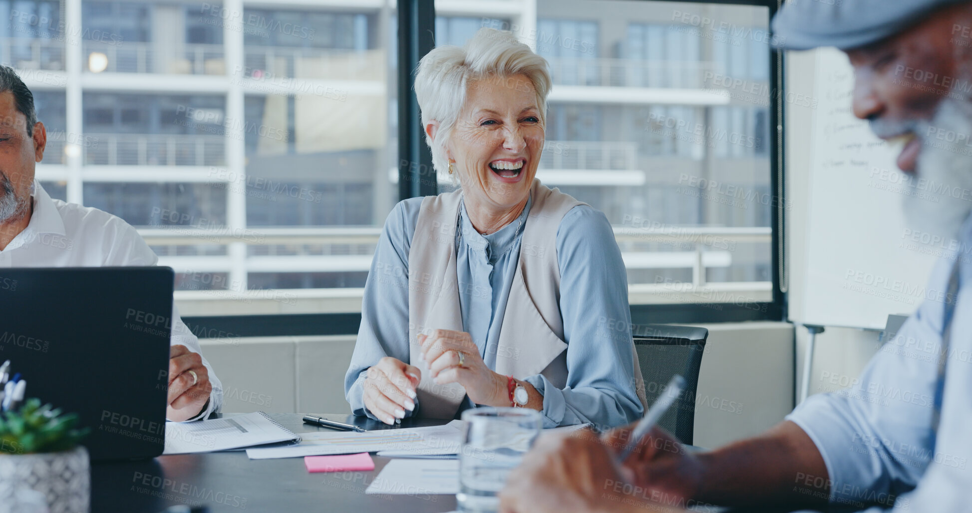 Buy stock photo Senior woman, ceo and teamwork with a smile, meeting and conversation with brainstorming, support and paperwork. Mature person, leader and group with documents, employees and cooperation with ideas