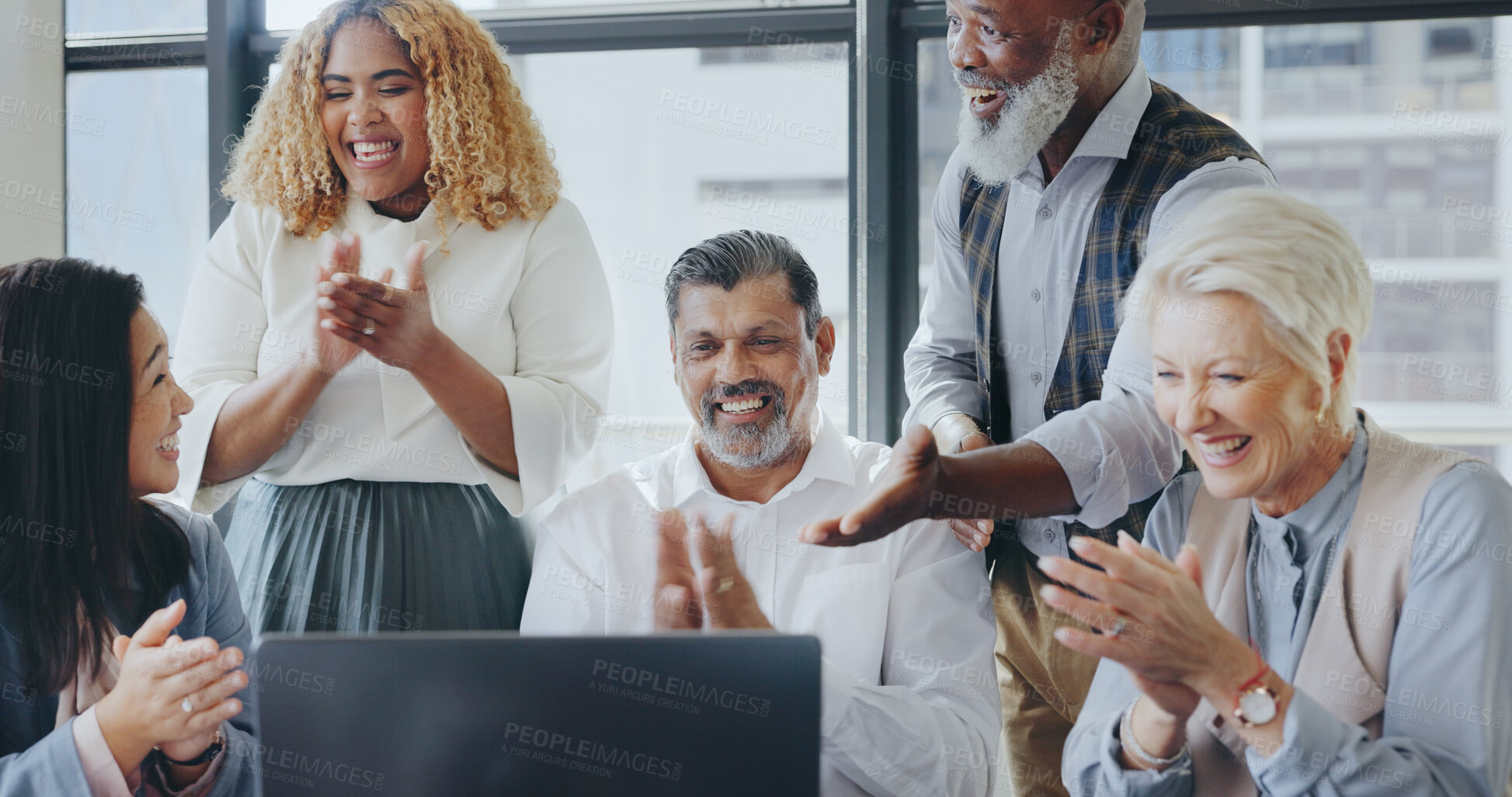 Buy stock photo Business people, team applause and laptop for winner success, news and marketing goals in meeting. Happy manager in celebration, clapping and teamwork for presentation, staff bonus or online results