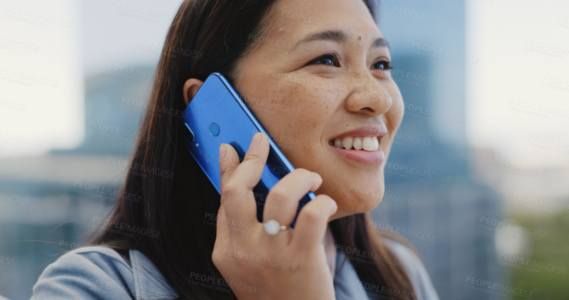 Buy stock photo Face, smile and phone call with a business asian woman in the city for work travel while networking. Vision, communication and a happy young female employee talking on her mobile in Singapore