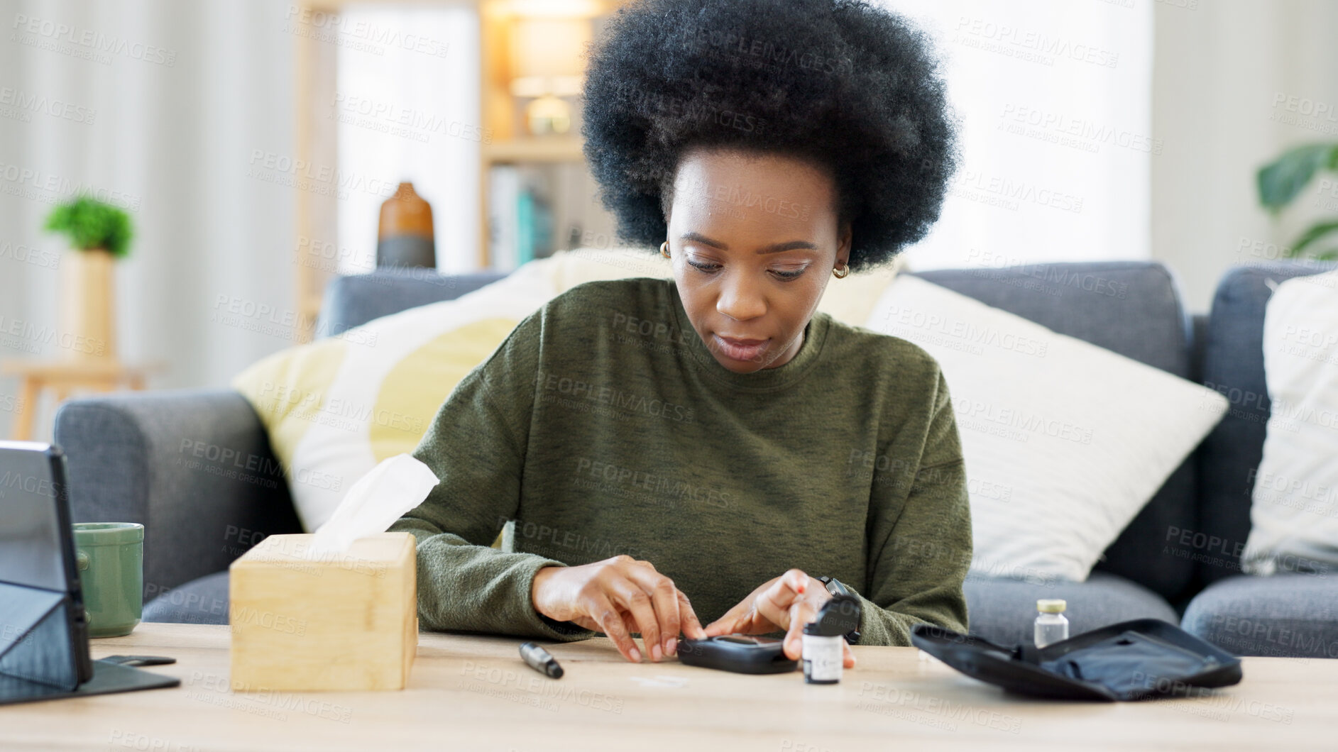 Buy stock photo Woman, blood sugar and test for diabetes, health analysis and medical glucometer results in living room at home. African person check insulin, measure glucose and control diabetic medicine for risk