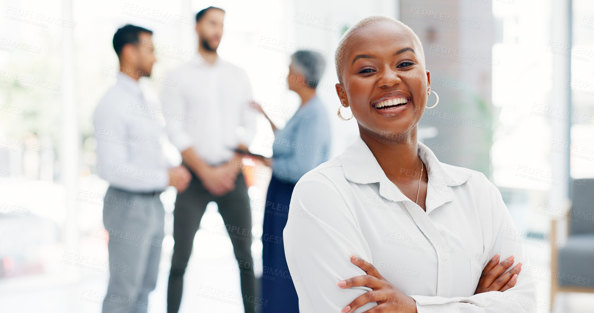 Buy stock photo Corporate portrait, arms crossed and laughing black woman with confidence, job experience or group collaboration. Leadership, company team manager and African boss pride for agency planning meeting