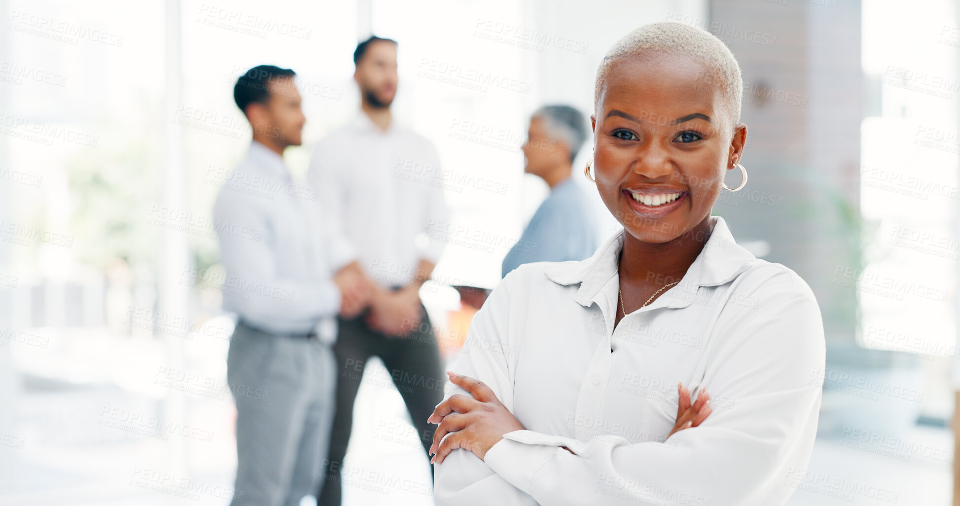 Buy stock photo Smile, arms crossed and corporate portrait of black woman with job confidence, career experience or workforce cooperation. Happiness, company team manager and boss pride for agency project meeting