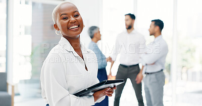 Face, corporate and black woman with tablet, smile and digital marketing for sales growth, goals and workplace. Portrait, African American female employee or leader with happiness and online schedule