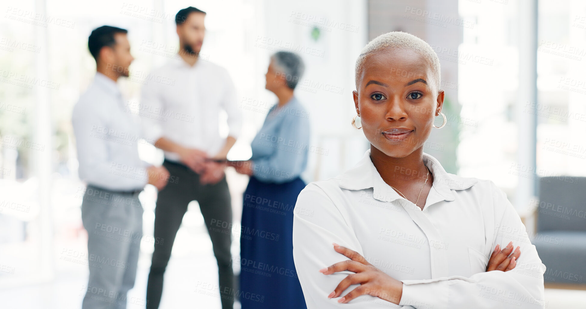 Buy stock photo Confident portrait, arms crossed and professional black woman working on project management, career or teamwork. Leadership, creative team manager or African realtor pride for agency planning meeting