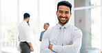 Corporate, face or Asian man arms crossed in workplace, smile or leader for brand development, sales growth or project success. Male employee, ceo or manager with happiness, business or collaboration