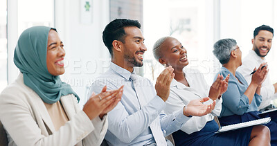 Diversity, business people and applause presentation, employee support and happiness in office. Interracial teamwork, clapping hands and audience smile for workshop achievement or goals celebration