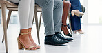Business legs, recruitment and waiting room for Human Resources, we are hiring or appointment. Group of people feet or shoes nervous and corporate professional for career opportunity or job interview