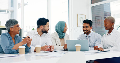 Laptop, diversity or business people planning in office for marketing strategy, web SEO growth or research. Teamwork, happy or manager on tech for collaboration, social media or KPI documents review